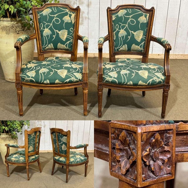 Pair of Louis XVI style beech armchairs from the 19th century - W=55.5cm, H=87cm, seat H=38cm, D=52cm.
