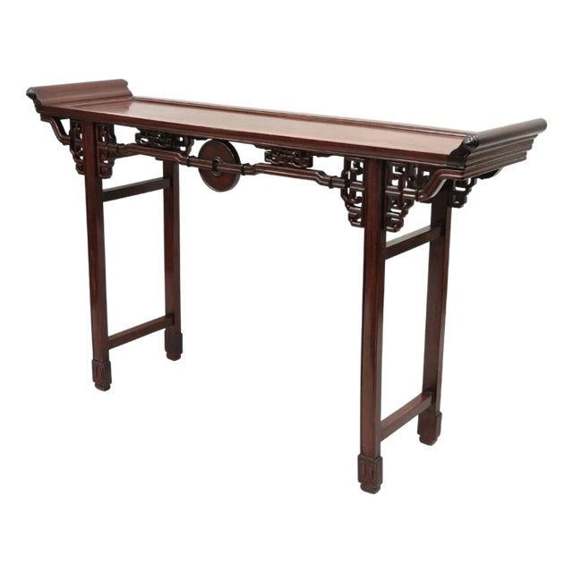 Vintage Chinese Oriental Fretwork Carved Hardwood Altar Console Hall Table For Sale