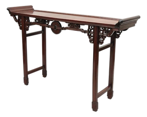 Vintage Chinese Oriental Fretwork Carved Hardwood Altar Console Hall Table