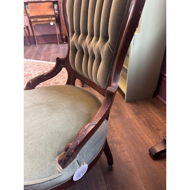 Victorian Antique Victorian Parlor Chair With Olive Green Upholstery For Sale - Image 3 of 9