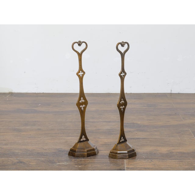 19th Century 19th-Century English Bronze Andirons with Gothic Details and Heart Finials For Sale - Image 5 of 12