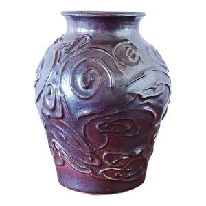 Vintage Hand Thrown Ceramic Vase in Iridescent Brown Glaze With Swirl Cloud Pattern in Relief, Signed