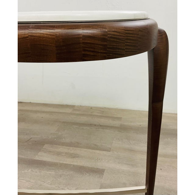 Original retail $3,697, stylish Theodore Alexander Modern Sycamore and White Marble Origins Console Table, brass stretcher...