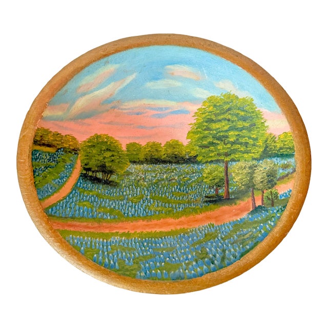Vintage Original Concave Bluebonnet Painting in Primitive Style Bowl For Sale