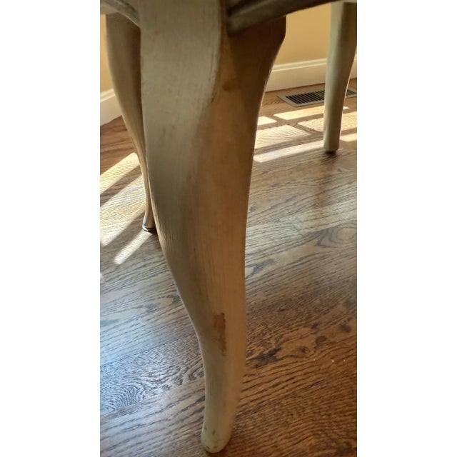 Wood Set of 7 French Louis XVI Style Oval Back Dining Chairs – Distressed Painted Finish & Quilted Upholstery For Sale - Image 7 of 16
