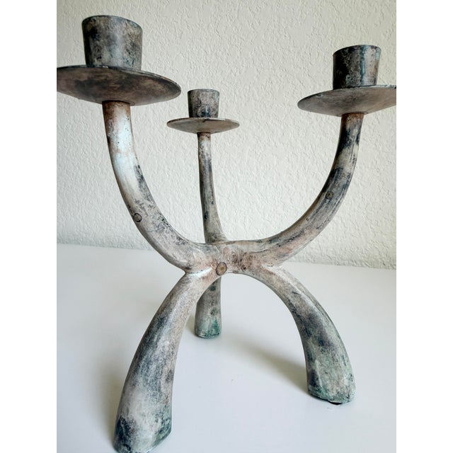 Brutalist Verdigris 3-Arm Candelabra For Sale - Image 9 of 12