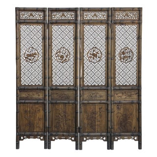 Vintage Finish Openwork Floral 4 Panels Wood Floor Screen Room Divider For Sale