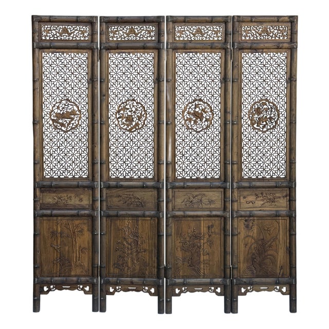Vintage Finish Openwork Floral 4 Panels Wood Floor Screen Room Divider For Sale