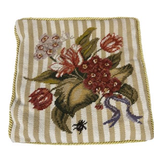 Needlepoint Pillow Cover Tan Floral Striped With Cream Velvet Backing 14" For Sale