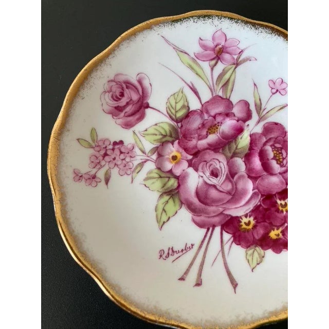 Antique English Victorian Porcelain Jewelry Dish With Pink Flower and Gold Rim by Roslyn For Sale - Image 9 of 12