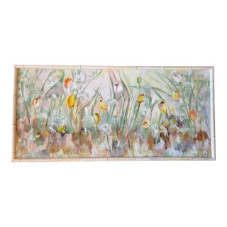 “Tiptoe Through the Tulips” | Large Vintage Floral Garden Painting in Faux Bamboo Frame | 50” For Sale