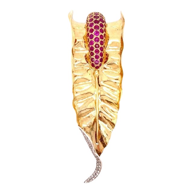 1940s 18k Yellow and White Gold, Ruby, and Diamond Lily Brooch For Sale