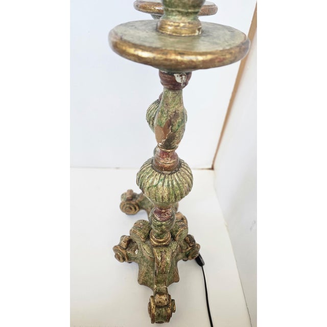Large Antique Celadon Green & Gilded Candlestick Table Lamps -a Pair For Sale In Philadelphia - Image 6 of 13