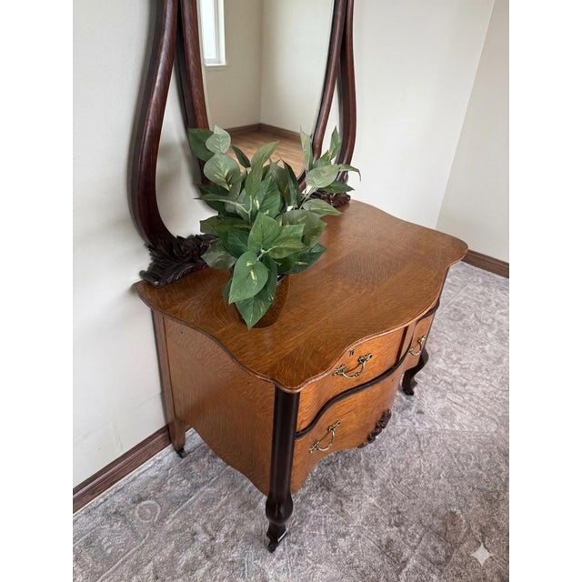 Restored Antique Serpentine Two-Tone Tiger Oak Vanity With Biomorphic Mirror For Sale - Image 9 of 10