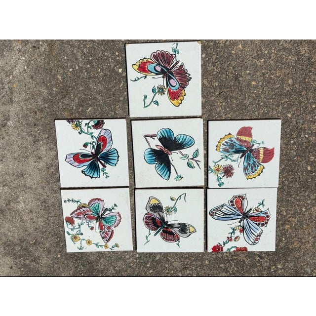 Ceramic Mid-Century Modern Hand-Painted Butterfly Ceramic Tiles, Spain, Set of 7 For Sale - Image 7 of 7