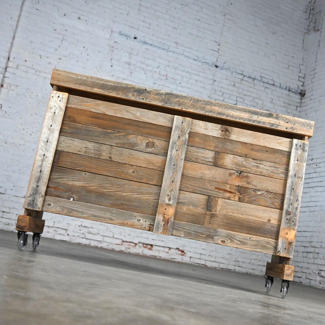 Early 21st Century Late 20th to Early 21st Century Rustic Distressed Wood Ceramic Top Bookshelf Console Table or Rolling Bar For Sale - Image 5 of 12