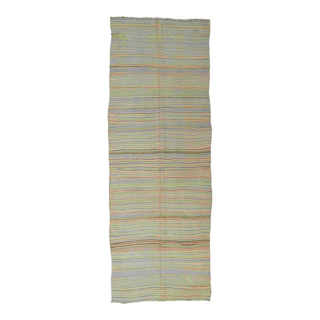 Striped Vintage Faded Turkish Kilim Rug - 5`2″ X 14`10″ For Sale