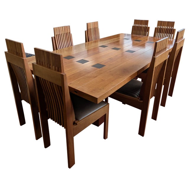 Late 20th Century Monumental Studio Crafted Dining Table & 8 Chairs, Cherry Wood & Tile For Sale - Image 4 of 18