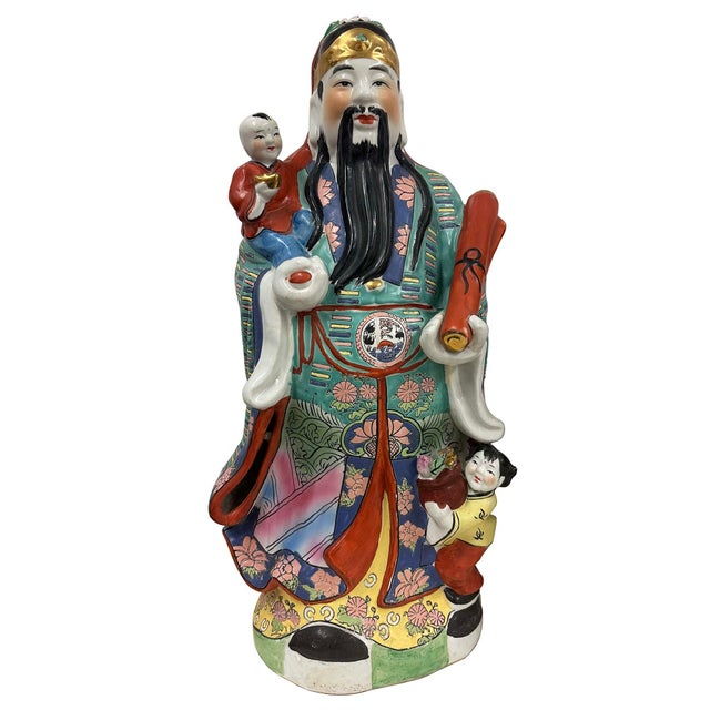 This image displays a Huge set of vintage Chinese porcelain statues known as the Sanxing, or the Three Star Gods,...
