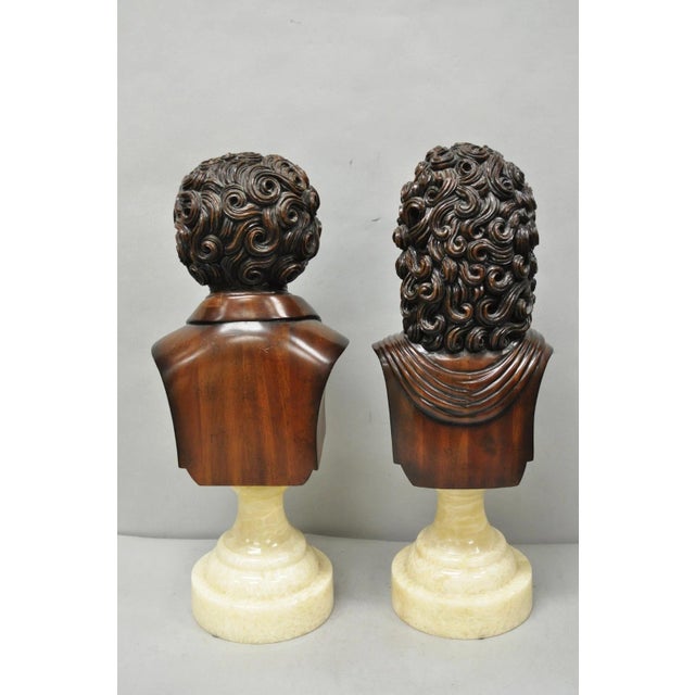 Late 20th Century Classical Maitland Smith Style Carved Mahogany Wood Bust on Alabaster - A Pair For Sale - Image 15 of 15