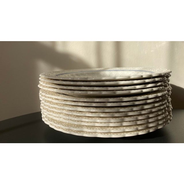 Ceramic Early 20th Century English White Lace Floral Blue Polka Dot Porcelain Plates by Spode- Set of 12 For Sale - Image 7 of 11