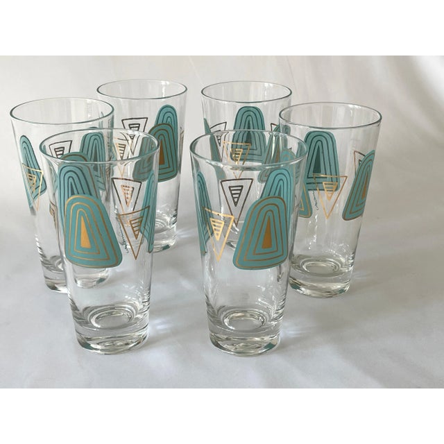 Mid-Century Modern 1960s Turquoise, White & Gilt Highball/Lemonade Glasses - Set of 6 For Sale - Image 3 of 11