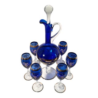 Vintage Bohemian Cobalt Glass Decanter and Six Wine Glass Set For Sale