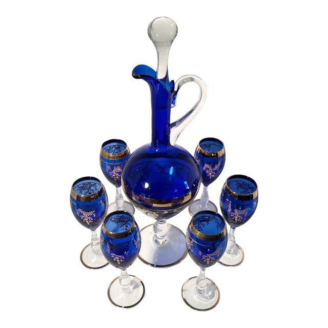 Vintage Bohemian Cobalt Glass Decanter and Six Wine Glass Set For Sale