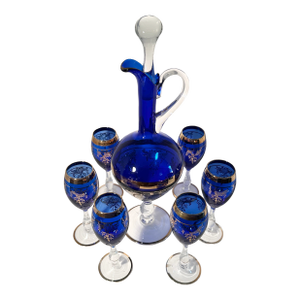 Vintage Bohemian Cobalt Glass Decanter and Six Wine Glass Set