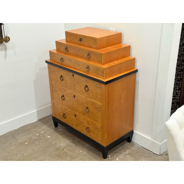 Champagne Vintage Biedermeier Style Chest by Baker - Burl Ash + Maple - High Boy Dresser For Sale - Image 8 of 11