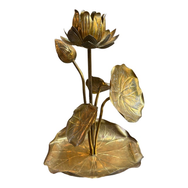 Vintage Mid-Century Modern Feldman Brass Lotus Candelabra Centerpiece For Sale