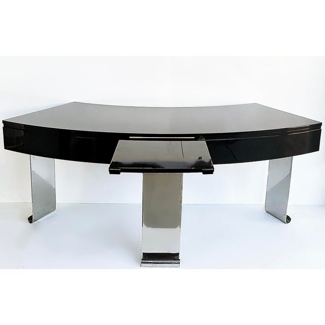 Black 1980s Art Deco Style Lacquer, Stainless Steel Desk, Eugene Printz Style For Sale - Image 8 of 17