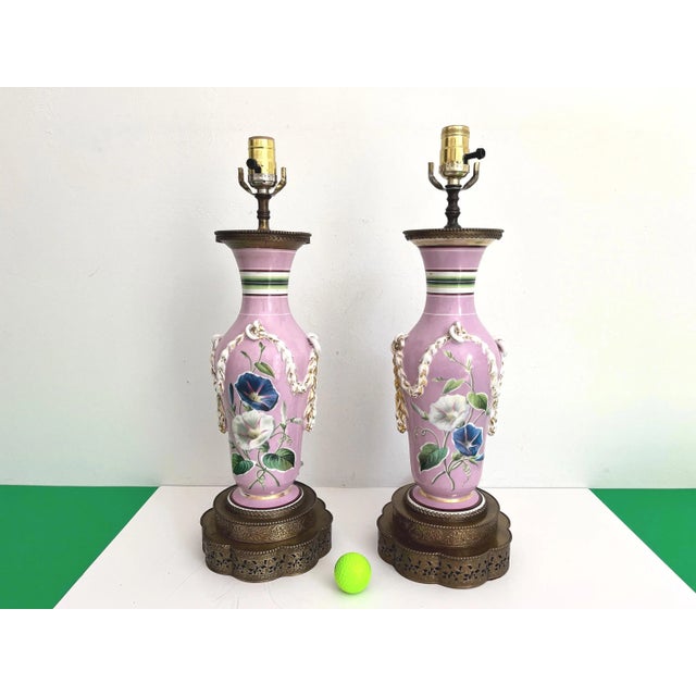 1940s French Floral Urn Lamps & Shades, Pair For Sale - Image 11 of 18