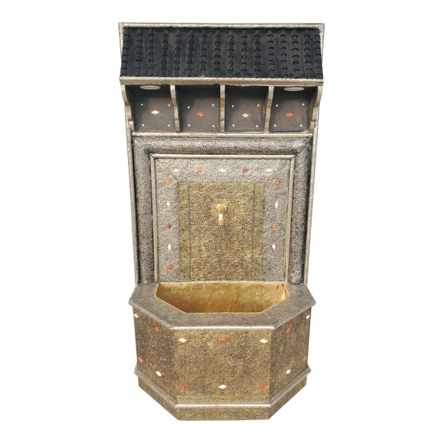 Large Wooden and Metal Inlaid Moroccan Fountain For Sale