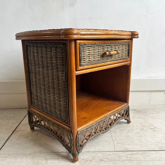 Brown Vintage Bamboo & Wicker Bedside Table with Drawer For Sale - Image 8 of 12