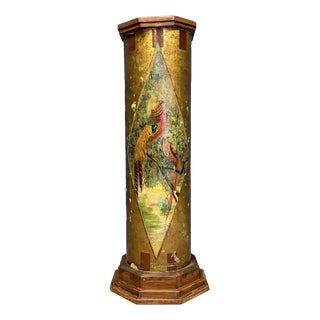 Large Antique Painted Earthenware Column with Golden Pheasants For Sale