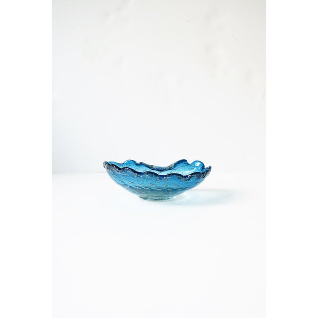 Italian Murano Blue Art Glass Bowl Scalloped Edge For Sale - Image 9 of 12