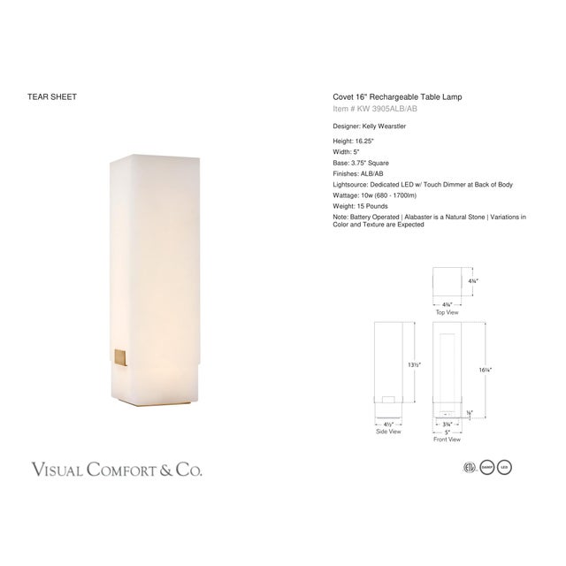 Kelly Wearstler by Visual Comfort Signature Covet 16" Rechargeable Table Lamp in Alabaster and Antique-Burnished Brass...