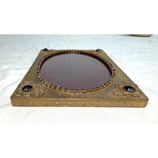 Victorian Antique Ornate Purple Jeweled Bronze Ornate Picture Frame Oval Open Rectangle For Sale - Image 3 of 8