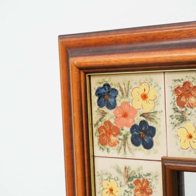 Mid-Century Modern wood and ceramic rustic mirror, circa 1970. By unknown manufacturer (Spain) In original condition with...