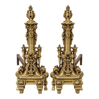 Antique French Rococo & Louis XVI Chenets a Pair - Large Heavy Brass Fireplace Andirons for Regency, Neoclassical and Old World Decor - See Pics! For Sale