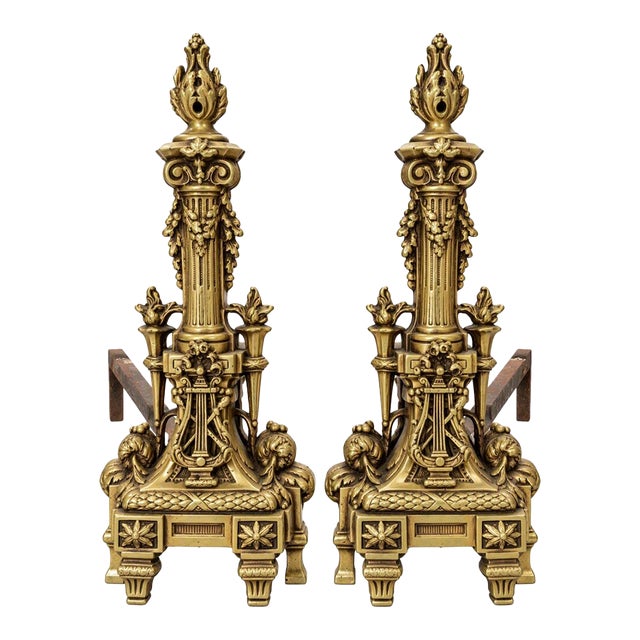 Antique French Rococo & Louis XVI Chenets a Pair - Large Heavy Brass Fireplace Andirons for Regency, Neoclassical and Old World Decor - See Pics! For Sale