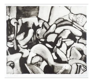 Vintage Abstract Black & White Shapes Lithograph by Marilyn Lanfear