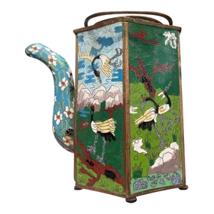 1930s Chinese Cloisonné Green With Flowers and Birds Teapot