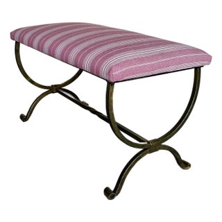 Spanish Hand-Forged Gilt Iron Bench With Scroll Base and Mauve Striped Upholstery For Sale