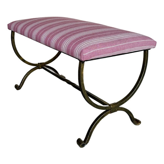Spanish Hand-Forged Gilt Iron Bench With Scroll Base and Mauve Striped Upholstery For Sale