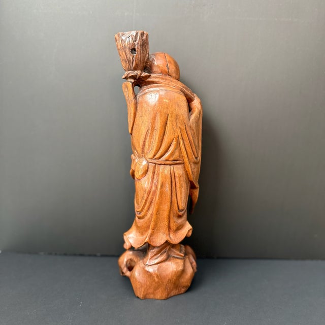 Early 20th Century Hand Carved Wood Happy Buddha Statue With Candle Holder For Sale - Image 5 of 12