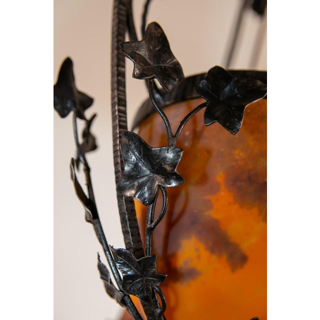 Black Wrought Iron Pate de Verre Lamp from Muller Freres Luneville, France, 1930s For Sale - Image 8 of 15