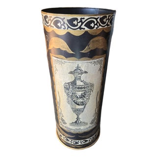 1960s Mid Century Italian Black Tole Painted and Decoupage Umbrella Stand Manner of Fornasetti For Sale
