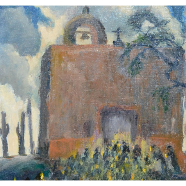 Candlelight Service Landscape Painting, Oil on Canvas, Circa 1940 Charming painting of church in Mexico during Holy Week...